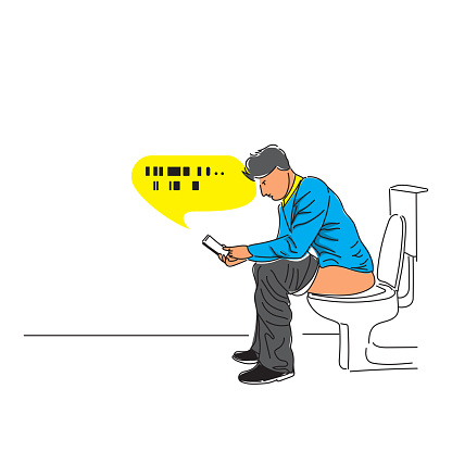 Man sitting on the toilet and using  mobile phone for a long time.