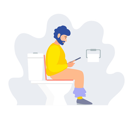 A man sitting on the toilet is reading online. Vector.