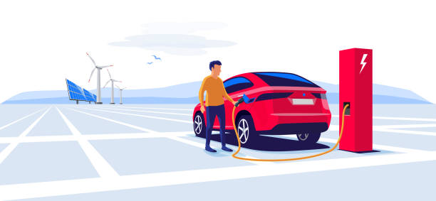 ilustrações de stock, clip art, desenhos animados e ícones de man standing and charging an electric car suv - car charger