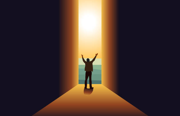 A man standing in Dark  at the end of the Tunnel. A man standing in Dark with hands raised  at the end of the Tunnel concept for religion, worship, prayer ,New Possibilities, Hope,Overcome Business Problems, Solution Finding. door silhouettes stock illustrations