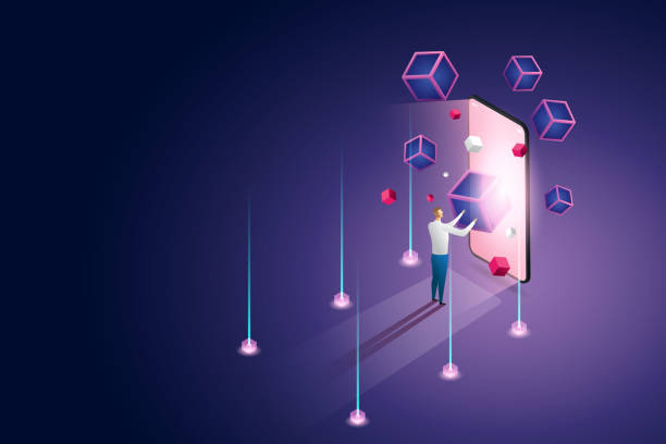 A man stands and experiences Blockchain technology for smartphone. A man stands and experiences Blockchain technology for smartphone."nFuture Technology Concept Blockchain Cryptocurrency. isometric vector illustration. metaverse stock illustrations