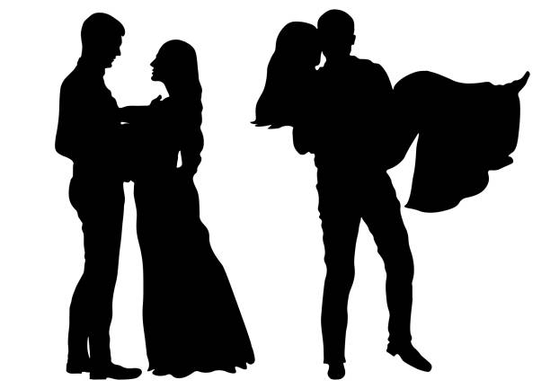 Man stands in front of woman and man holding woman. The newly married couple silhouette. Man stands in front of woman and man holding woman. The newly married couple silhouette. wedding silhouettes stock illustrations