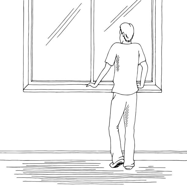 Man stay at home looking out the window graphic black white sketch illustration vector Man stay at home looking out the window graphic black white sketch illustration vector window drawings stock illustrations