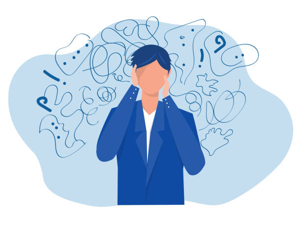 man suffers from obsessive thoughts; headache; unresolved issues; psychological trauma; depression.Mental stress panic mind disorder illustration Flat vector illustration. vector art illustration