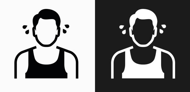 Man Sweating Icon on Black and White Vector Backgrounds Man Sweating Icon on Black and White Vector Backgrounds. This vector illustration includes two variations of the icon one in black on a light background on the left and another version in white on a dark background positioned on the right. The vector icon is simple yet elegant and can be used in a variety of ways including website or mobile application icon. This royalty free image is 100% vector based and all design elements can be scaled to any size. sweat stock illustrations