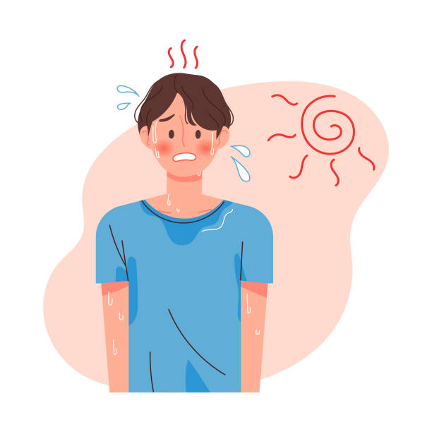 A man sweats under the sunny weather. Summer heat vector illustration. sweat stock illustrations