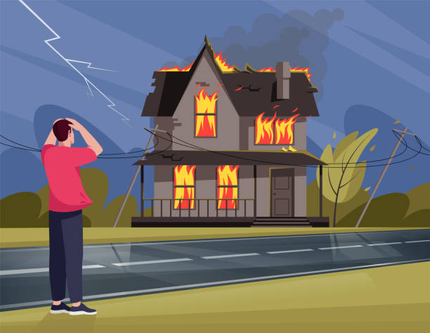 Man terrified by fire in Residential house semi flat vector illustration Man terrified by fire in Residential house semi flat vector illustration. Flame captures windows. Crumbling and emptying two-storied building. Withered environment 2D cartoon scene for commercial use house fire stock illustrations