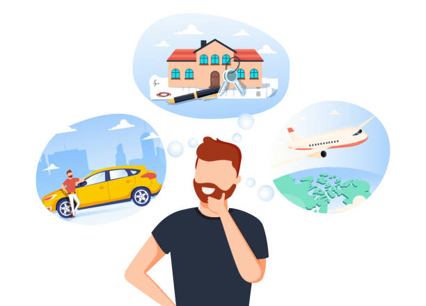 Man think about house, car and vaction on the sea. Male character dream about wealth. Flat vector illustration Man think about house, car and vaction on the sea. Male character dream about wealth. Flat vector illustration. Businessman thinking about investing money. What to buy? Business success vector dreaming stock illustrations