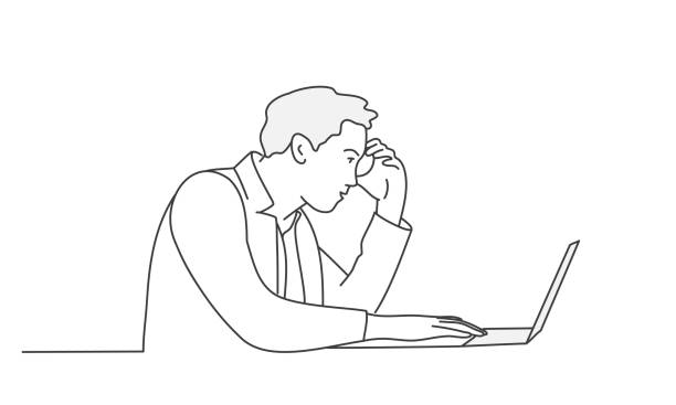 Man thinks and looks at a laptop. Man thinks and looks at a laptop. Contour drawing vector illustration. Line art. businessman drawings stock illustrations