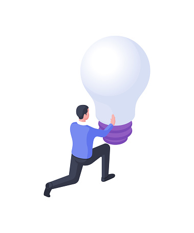 Man twists light bulb isometric illustration. Male character twirl large bulb tensely.