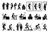 Artworks depict people or person listening to music, podcast, or video with phone while doing various activities.