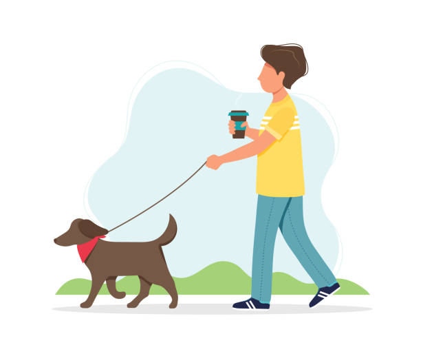 stockillustraties, clipart, cartoons en iconen met mens die een hond met een koffiekop in de lente uitloopt. leuke vectorillustratie in vlakke stijl - koffie nederland