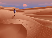 Tourist with backpack in the desert illustration. Landscape of sand dunes with evening sky and sun at the horizon. Man traveling with a backpack alone.