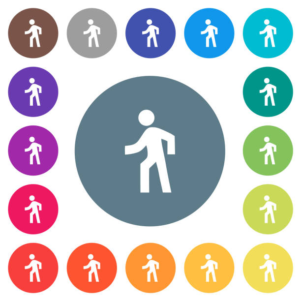 ilustrações de stock, clip art, desenhos animados e ícones de man walking left flat white icons on round color backgrounds - trilhos pedestres