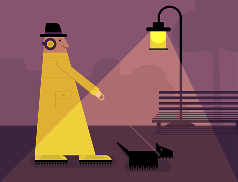 A man walking with a dog in the city park at night. Vector illustration