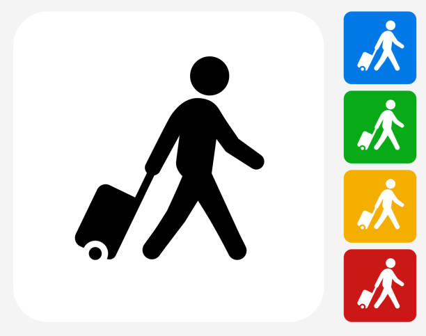 illustrazioni stock, clip art, cartoni animati e icone di tendenza di uomo che cammina con l'icona della valigia - suitcase