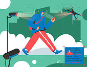 Man walks along city street, surveillance cameras and drones follow him, scanning, identify, collect personal data. Public security, guard system, CCTV technology. Vector character illustration
