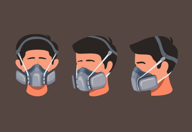 만화 일러스트 벡터에서 먼지 나 화학 오염을 위한 호흡보호구 안전 마스크를 착용하는 남자, 측면 및 전면 앵글 아이콘 세트 컨셉 - 호흡용 마스크 stock illustrations