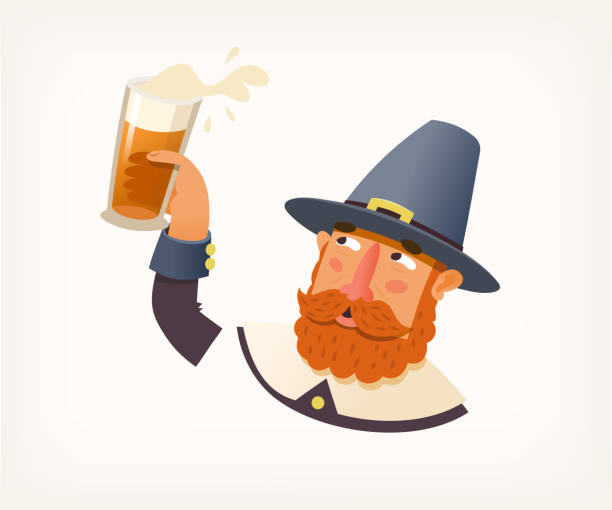 Man wearing vintage old fashioned clothes holding glass of beer. Man wearing vintage old fashioned clothes holding glass of beer. Thanksgiving holiday celebration, seasonal event in autumn. Pilgrim character vector in cartoon style curley cup stock illustrations