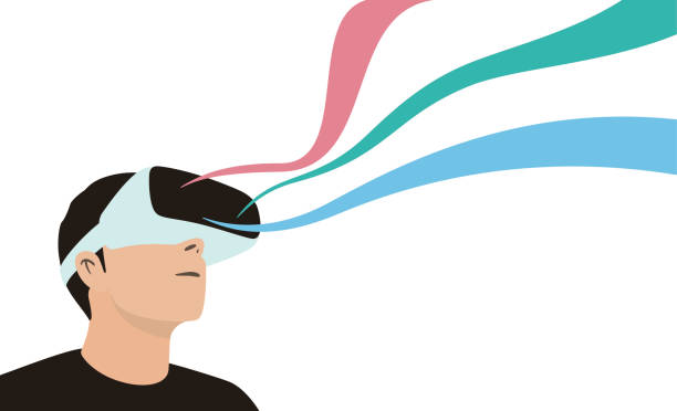 mann mit virtual-reality-brille. schauen sie sich den virtuellen himmel, das bild schwebt wie ein band - vr brille stock-grafiken, -clipart, -cartoons und -symbole