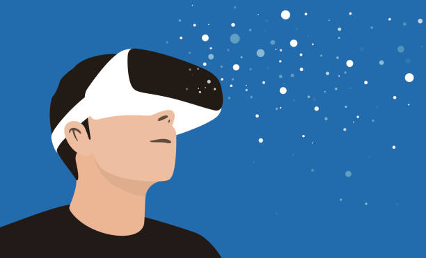 mann mit virtual-reality-brille. schauen sie sich den virtuellen himmel - vr brille stock-grafiken, -clipart, -cartoons und -symbole