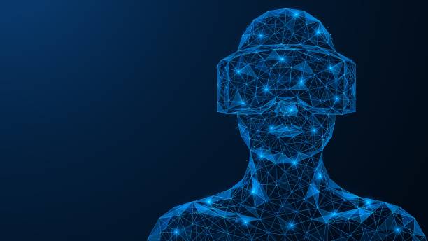 A man wearing virtual reality glasses. A man wearing virtual reality glasses. Games and online entertainment. A polygonal model of interconnected lines and and points. Blue background. metaverse stock illustrations