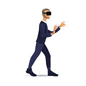 Man wearing virtual reality headset walking and touching vr interface in flat gradient style. Isolated male character using computer technology simulator of real environment in vector illustration.