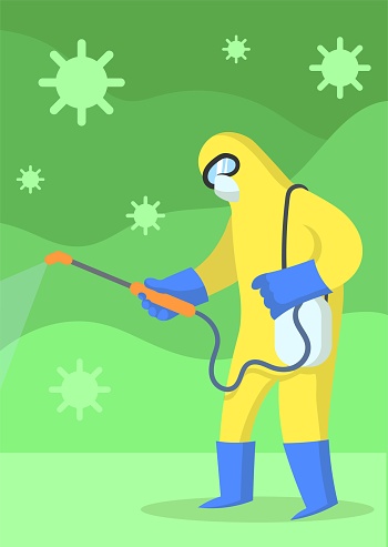 Man wearing yellow protection costume sprays disinfectant around with green viruses floating around. Quarantine, COVID-19 world outbreak. Flat vector illustration, vertical.