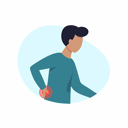 A man with a bad back. The patient complains of lower back pain. Medicine and health. Vector character in a flat style.