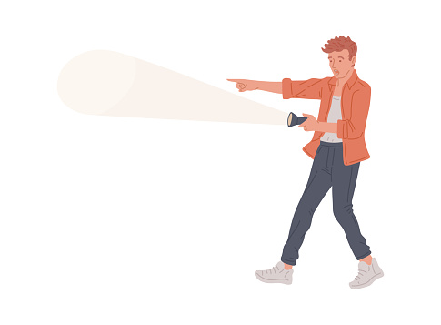 Man with a flashlight pointing the way, flat vector illustration isolated.