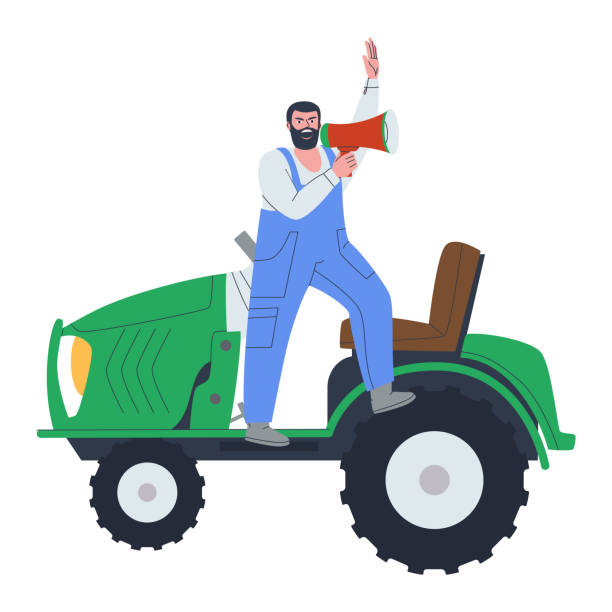 A man with a mouthpiece on a tractor. Stop gesture with hand. Expression of protest against prohibition and restrictions. flat vector illustration, A man with a mouthpiece on a tractor. Stop gesture with hand. Expression of protest against prohibition and restrictions. flat vector illustration, eps10 abortion protest stock illustrations