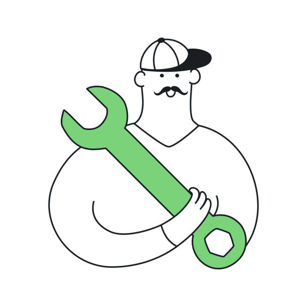 Man with a wrench, mechanic, engineer, handyman vector vector art illustration