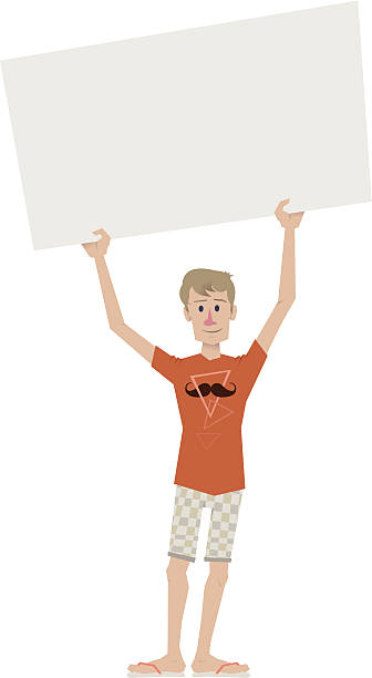 Man with an orange T-shirt holds up sign vector art illustration
