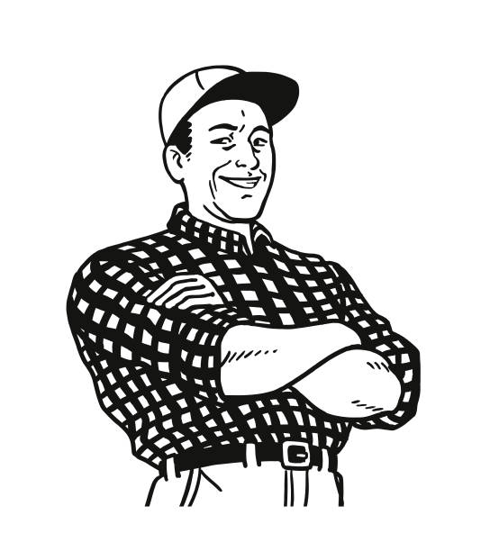 illustrations, cliparts, dessins animés et icônes de homme avec bras croisés - portrait agriculteur