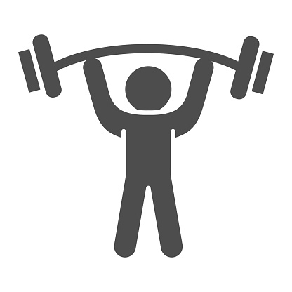 Man with barbell solid icon, bodybuilding concept, Weightlifter sign on white background, Man lifting weight icon in glyph style for mobile concept and web design. Vector graphics