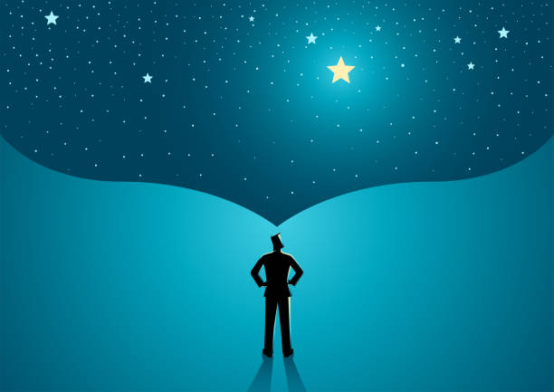 Man With Big Dream Man standing with the open space above him as a representation of his big dream dreamlike stock illustrations