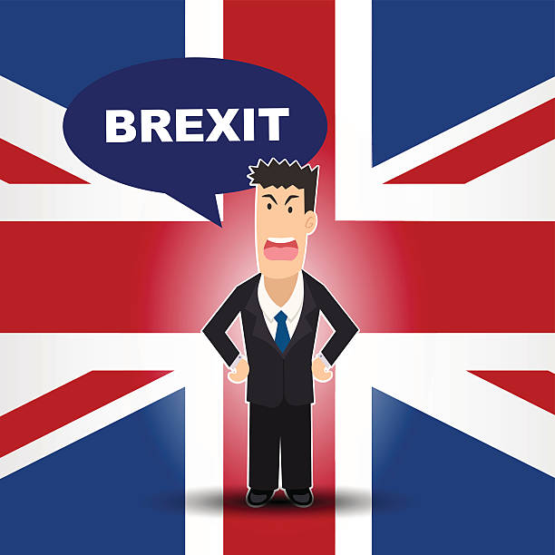 Man with Brexit speech bubble on United Kingdom flag Man with Brexit speech bubble on United Kingdom flag. Hires JPEG (5000 x 5000 pixels) and EPS file included. cartoon man with complaint with speech bubble stock illustrations