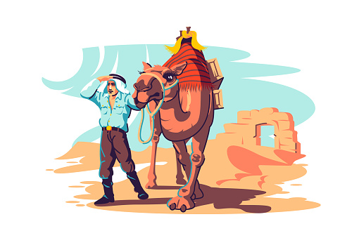 Man with camel explore desert