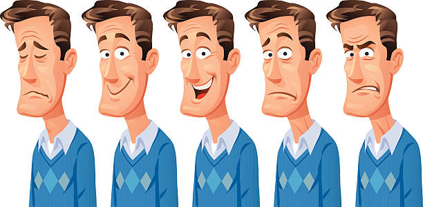 Cartoon illustration of a man with five different facial expressions: sad, smiling, laughing, sceptic/puzzled and angry. EPS 10.