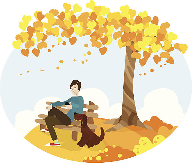 man with dog using mobile phone in autumn park man with dog sitting on bench and using telephone under autumn tree international dog day stock illustrations