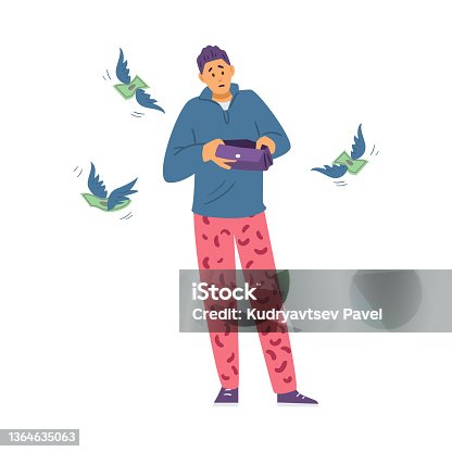 istock Man with empty wallet watches money fly away, flat vector illustration isolated. 1364635063