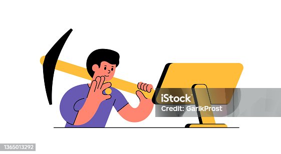 istock Man with gold coin and pickaxe sits in front of a monitor vector illsutration. Concept abstract Cryptocurrency Mining on home computer 1365013292