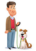 Vector illustration of a man with his cute little dog on a leash, looking at the camera.