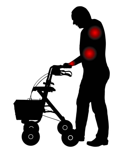 Man with joint pain and rollator Man with joint pain and rollator pain silhouettes stock illustrations