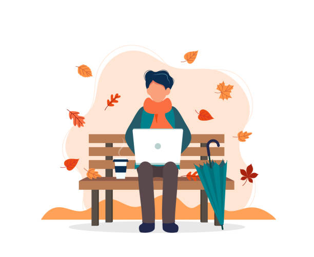 stockillustraties, clipart, cartoons en iconen met man met laptop zittend op bank in de herfst. vector illustratie in platte stijl - koffie nederland