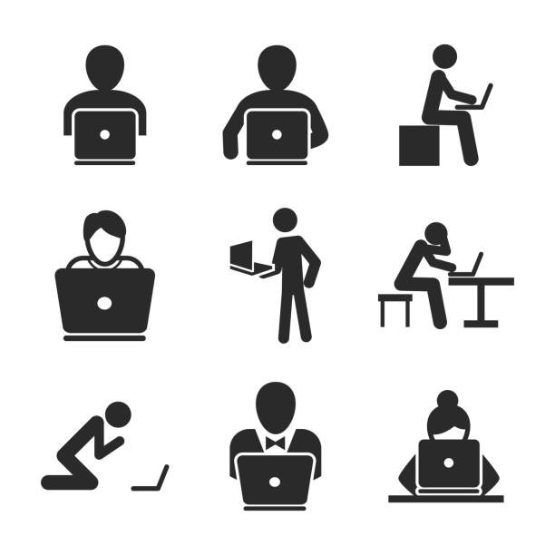mann mit laptop-vektor-icons. - computer benutzen stock-grafiken, -clipart, -cartoons und -symbole