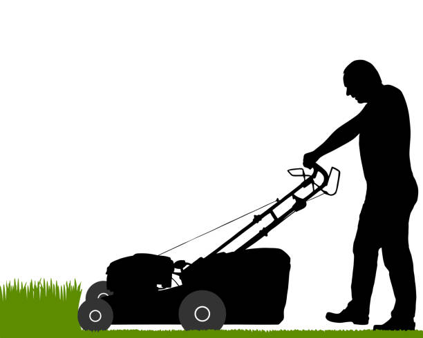 человек с газонокосилкой - mowing silhouette lawn mower gardening stock ill...