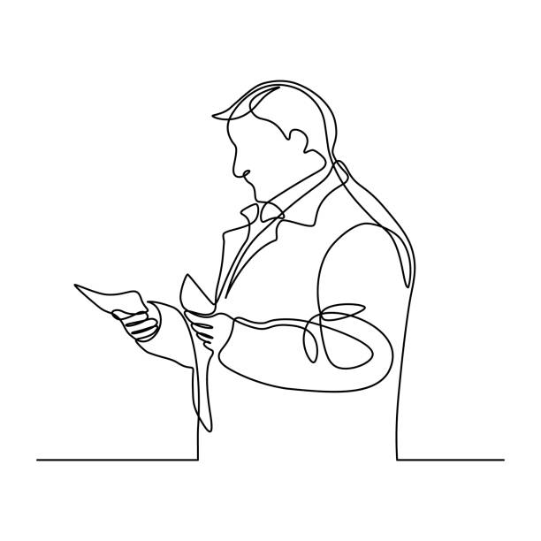 Man with money Man with money in continuous line art drawing style. Middle-aged man holding cash in hands while counting or paying for something. Rich man. Minimalist black linear sketch isolated on white background. Vector illustration one man only stock illustrations