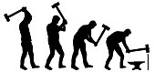 Man with sledgehammer in his hands. Human hits anvil with a hammer. Silhouette vector set
