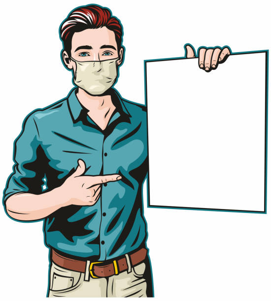 mann mit chirurgischer maske und leerem zeichen - ein mann allein stock-grafiken, -clipart, -cartoons und -symbole